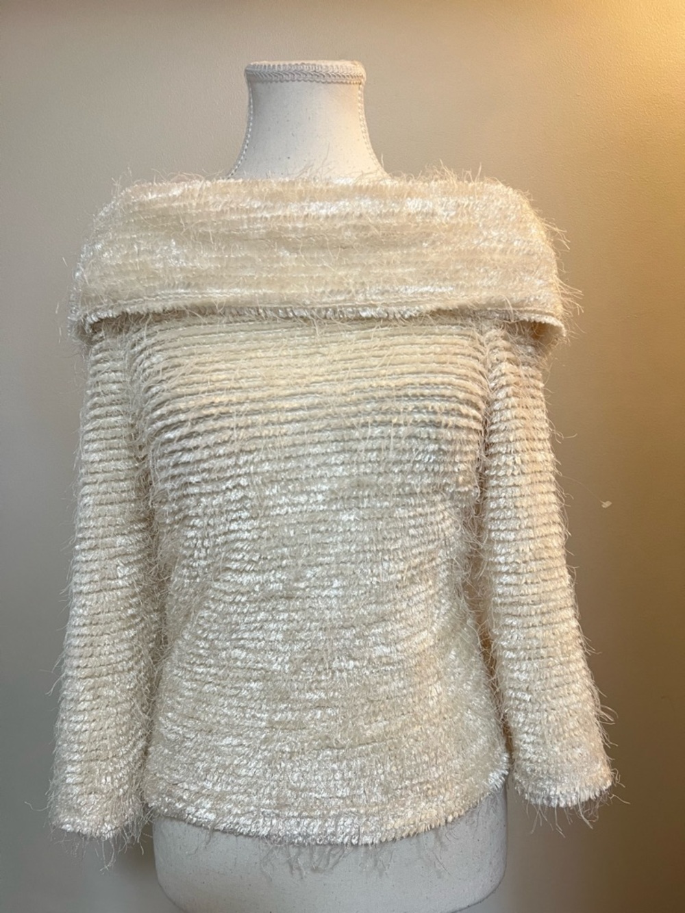 Joseph Ribkoff Cream Off-the-Shoulder Fuzzy Knit Sweater